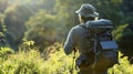 An avid photographer using their solar backpack to keep their camera batteries charged during a daylong shoot Royalty Free Stock Photo