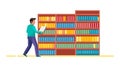 Avid reader reaching for a book on a colorful bookshelf in library, vector design Generative AI Royalty Free Stock Photo