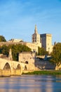 Avignon Bridge with Popes Palace and Rhone river at sunrise