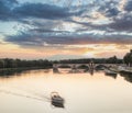 Avignon, famous bridge with Rhone river against sunset in Provence, France