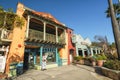 Avila Beach city promenade filled with restaurants, shops, patios, benches, and art Royalty Free Stock Photo