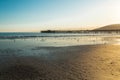 Avila Beach pier and flock of birds at sunset. Royalty Free Stock Photo