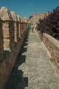 People walking on pathway over wall with leafy tree at Avila