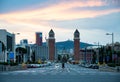 Avinguda de la Reina Maria Cristina in Barcelona at sunset, Spain