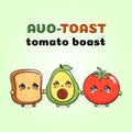 Avo-toast, tomato boast card. Avocado bread tomato. Vector hand drawn doodle style cartoon character illustration icon
