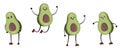 A set of avocados with different emotions. In a jump, rejoices, sad, teases.