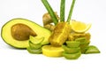 Avocado, aloe vera and lemon, honey ingredients used in alternative medicine and cosmetology