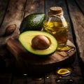 Avocado with avocado oil on wooden backgrounds