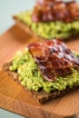 Avocado bacon on sunflower seed whole grain bread slice for breakfast or snack Royalty Free Stock Photo