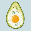 Avocado baked with egg and seasoning. Delicious egg in avocado vector hand drawn illustration.