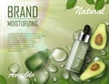 Avocado beauty cosmetics oil ad. Organic essence bottle mockup laying on watery green background. Natural avocado skin