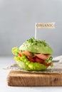 Avocado burger with salted salmon and fresh vegetables, sesame seeds and microgreen. Healthy raw food, keto dieting recipe. Royalty Free Stock Photo