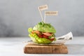 Avocado burger with salted salmon and fresh vegetables, sesame seeds and microgreen. Healthy raw food, keto dieting recipe. Royalty Free Stock Photo