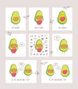 Hand drawn cute avocados with pink hearts.