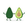 Avocado cartoon character isolated on white background. Healthy food funny mascot two parts of halved avocado, vector