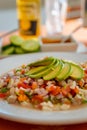 Avocado ceviche tostada seafood close up