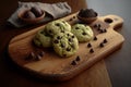 avocado chocolate chip cookies are bathed in natural light, highlighting their rich, wholesome indulgence