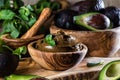 Avocado chocolate mousse in olive wooden bowl Royalty Free Stock Photo
