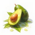 avocado,close up,watercolor style,burst of juice feel,water droplet,realism,white background