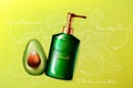 Avocado cosmetics skincare vector illustration, face or body skin beauty care product in bottle with dispenser and half