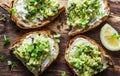 Avocado, cream cheese toast with micro greens on a rustic wooden board, top view. Good fats healthy eating concept. Delicious brea