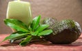 Avocado cream on the wooden surface with fresh fruits and leaves