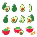 Avocado cut in half, fruit, guacamole with nachos icons set