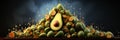 An avocado cut in half on top of a pile of fruit. Generative AI image.