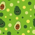 Avocado with cute smiling face in vector flat seamless pattern on green background. fruit, vegetable, character, textiles, Royalty Free Stock Photo