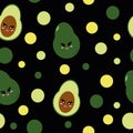 Avocado with cute smiling face in vector flat seamless pattern on green background. fruit, vegetable, character, textiles, Royalty Free Stock Photo