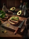 Avocado on a cutting board with a knife