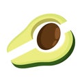 Avocado cutting exotic fruit. Avocado wedges and slices, halved and thinly sliced for salads and snacks. Flat cartoon vector