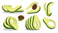 Avocado cutting set. Avocado wedges and slices, halved and thinly sliced for salads and snacks. Flat cartoon vector isolated on