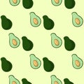 Avocado doodles vector seamles border pattern. Cut in half avocado vegetable on green background. Stock vegan vector texture