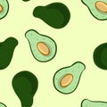 Avocado doodles vector seamless pattern. Whole avocado and cut half vegetable on green background. Stock vegan vector texture