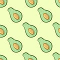 Avocado doodles vector seamless pattern. Whole avocado and cut half vegetable on green background. Stock vegan vector texture