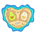 Avocado and egg on bread toast lie on a heart shaped island. Vector illustration isolated on white. Royalty Free Stock Photo