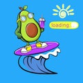 Avocado with fresh juice trend cartoon characters surfing on a wave. Rest at the sea. Beach entertainment. Summer time. Vector