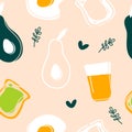 Avocado,fried egg,toast and juice seamless pattern