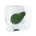 Avocado frozen in ice cube. Ice cube in front view, single ice cube isolated on white background. 3d rendering