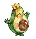 Avocado with a golden crown on his head. Watercolor illustration, cartoon character on a white background. concept of