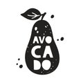 Avocado grunge sticker. Black texture silhouette with lettering inside. Imitation of stamp, print with scuffs