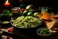 Avocado guacamole on a plate and chips, Mexican cuisine