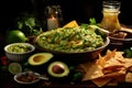 Avocado guacamole on a plate and chips, Mexican cuisine