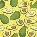 Avocado, half of avocado, avocado seed. Hand drawn painting food background.