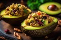 Avocado Halves Filled With Quinoa And Vegetable Stuffing. Generative AI