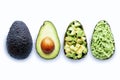 Avocado halves with guacamole, diced and whole fruit, healthy food concept