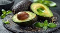 Avocado halves with seeds and leaves on a black plate, AI Royalty Free Stock Photo