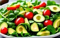 Avocado halves, whole tomatoes and herbs in a large white plate Royalty Free Stock Photo