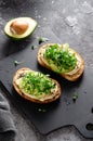 Avocado Hummus Toast with Sprouts, Healthy Snack, Breakfast, Vegetarian Meal Royalty Free Stock Photo